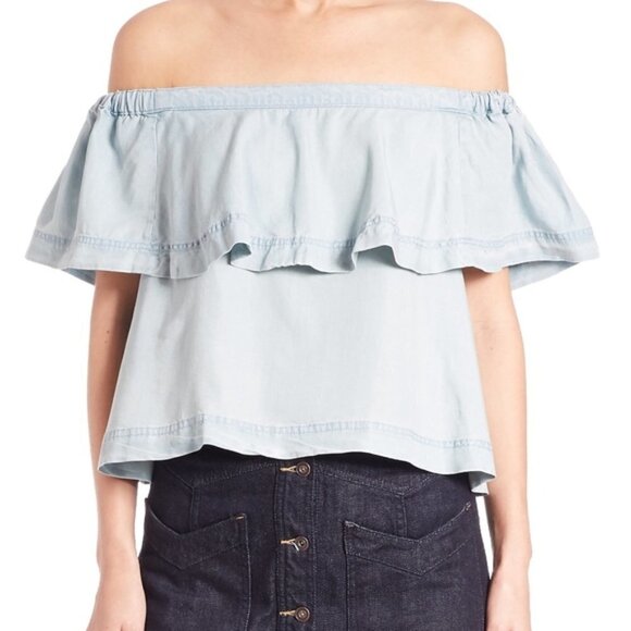 Free People Light Sky Blue Chambray Cold Shoulder Crop Ruffle Top Size Small - Picture 3 of 14